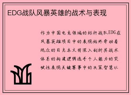 EDG战队风暴英雄的战术与表现