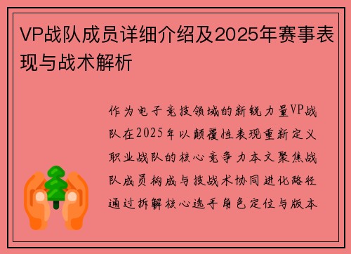 VP战队成员详细介绍及2025年赛事表现与战术解析