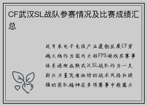 CF武汉SL战队参赛情况及比赛成绩汇总